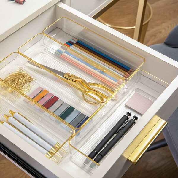 Martha Stewart Kerry 6 Pack Plastic Stackable Office Desk Drawer Organizers with Gold Trim, 12 x 3 BE-PB8975-G-6-CLRGLD-MS